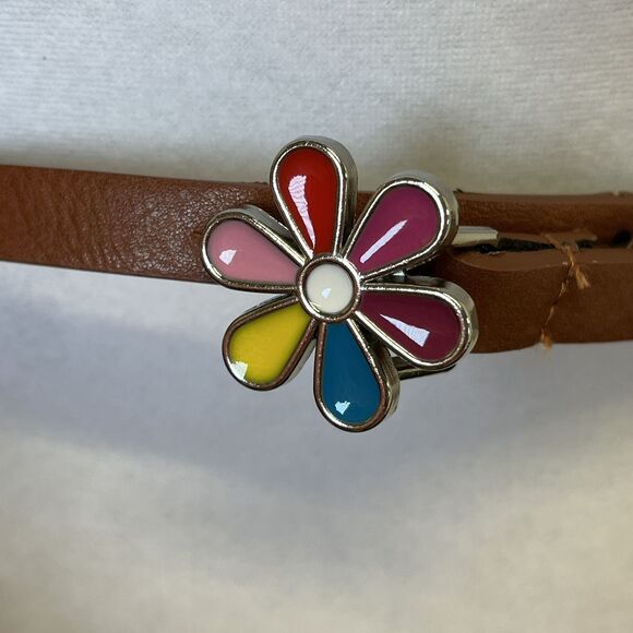 BOHO FAUX LEATHER SKINNY BELT COLORFUL ENAMEL FLOWER BUCKLE. 60's Hippie Vibe - Picture 4 of 6